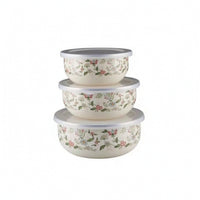 3 Pieces Glossy Enamel Food Storage Containers Space-Saving Enamel Bowls with Lids Reusable Nesting Bowl Set Multi-Purpose for Leftovers, Meal Prep, Kitchen