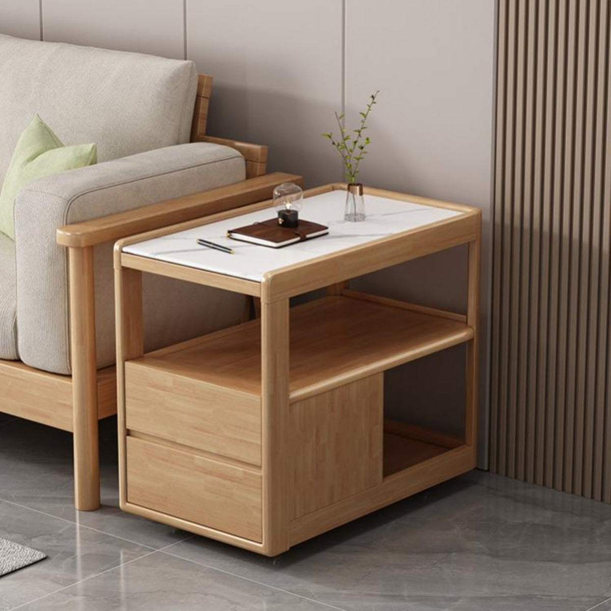 Movable with Wheels Rolling Drawer Cart Sintered Stone Top Rolling Drawer Cabinet Modern Minimalist Design End Table Scratch Resistant for Apartment Dwellers, Homeowners, Students, Living Room, Small Areas, Bedroom, Balcony