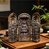 Antique Style Buddha Shrine Decorative Display Piece Triptych Buddha Altar Meaningful Design Carved Buddhist Figurine Set for Collectors