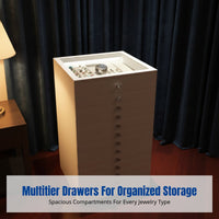 Wooden Jewelry Box, Hardwood Storage Cabinet with Fingerprint Lock, Multitier Organizer for Necklaces, Earrings, Rings