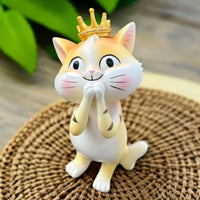 Resin Cat Ornament Cute Design Crowned Cat Figurine Cartoon Feline Statue Sculpture for Desktop, Bookshelf