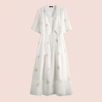 Chinese Dresses for Women Two Piece Traditional Embroidered Dress Set with Floral Pattern, Three Quarter Sleeve Casual Wear for Spring Summer