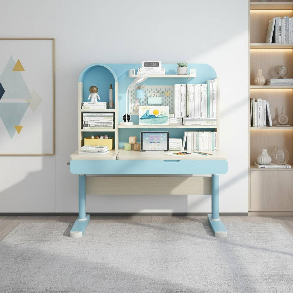 Ergonomic Design Adjustable Desk and Chair Set Tilted Desktop Adjustable kids' Study Station Rounded Corners children's Furniture Safe long-lasting for Students, Parents, school assignments, Homeschooling, Bedroom, Distance Learning