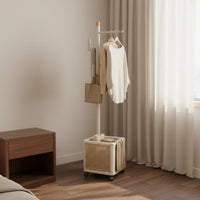 Rolling Clothes Rack with Basket Solid Wood Construction Wooden Coat Tree with Rattan Bin Mobile Design Storage Furniture for Entryway, Dorm Room