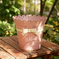 Plant Pots and Flower Vase Set for Garden Decor, Pack of 2 Metal Bucket Flower Pots with Holes, Lace Edge and Bow Wedding Decor, Outdoor Decor