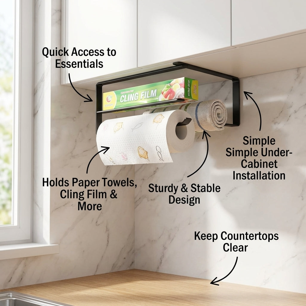 Wall Mounted Holder and Kitchen Towel Rack for Dispenser Storage, Under Cabinet Paper Made of Metal, Roll