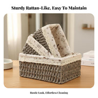 Desktop Sundries Box Sturdy Construction Rattan Storage Basket Handwoven Sundries Box Lace Trim Natural Fiber Container