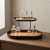 Two-Tier Storage Rack Iron Metal Tray Shelf Stand Leather-Like Lining Cosmetic Display Rack for Desktop