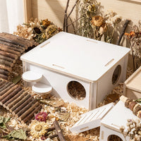 Wooden Hamster House with Climbing Ladder, Multi-Level Wood Habitat for Syrian Hamster Cage, Small Animal Structure with Two Entrances and Ramp