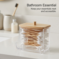 Acrylic Swab Dispenser with Bamboo Lid, Storage Jar Makeup Organiser, Vanity Organizer Clear Acrylic, Small Swab Container, Modern Minimalist