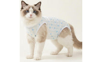 Fitted Female Feline Recovery Suit Blue Post-Surgery Feline Suit Heart Print White Trim