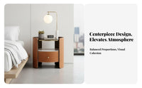 Cylindrical End Table Single-drawer Nightstand Modern Bedside Cabinet Italian Minimalist Wood Saddle Leather Glass Top Suitable for Apartment Dwellers Adults Small Areas Hotel Room