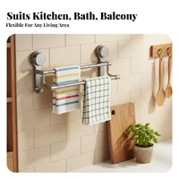 DrillDrillless Suction Cup Double Towel Bar Multipurpose Bathroom Organizer Waterproof Wall Rack Rust-Proof for Renters, Homeowners, Families, Kitchen, Washroom, Laundry Room