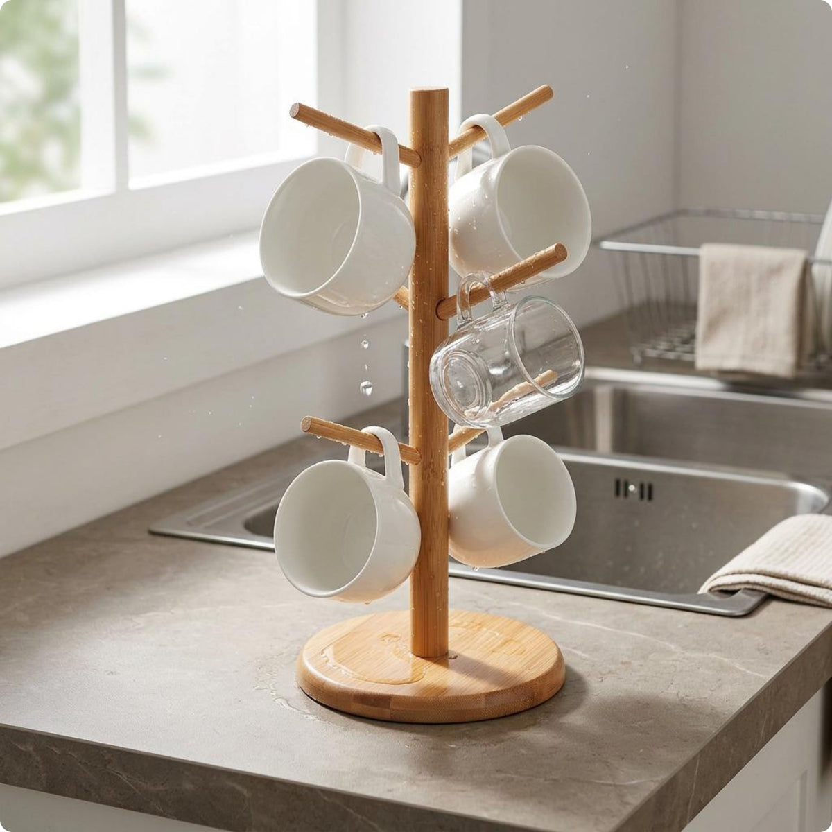 Wooden Cup Drying Rack Natural Wood Wooden Mug Holder Rustic Style