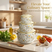 Enamel Cookware Set with Glass Lids, Flat Bottom Soup Pot Double Handle, Floral Cooking Pots for Everyday Cooking, 3 Sizes 18/22/26cm