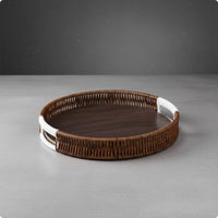 Faux-Rattan Tray Wood-Grain Round Rattan Serving Tray Dark