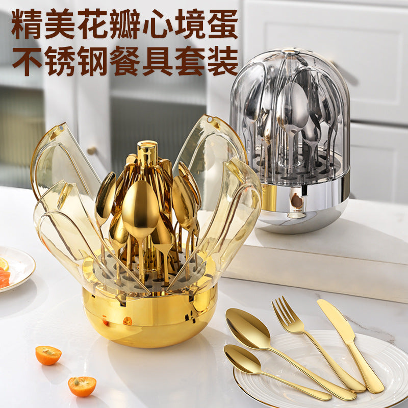 Stainless Steel Western Cutlery Set 24 Pieces with Rotating Gold Egg Storage Rack