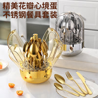Stainless Steel Western Cutlery Set 24 Pieces with Rotating Gold Egg Storage Rack