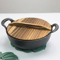 Frying Pan for Stir Fry and Griddle Pan Meals, Large Cast Iron Wok with Wood Lid and Handles, Heavy Duty Cooking Pot