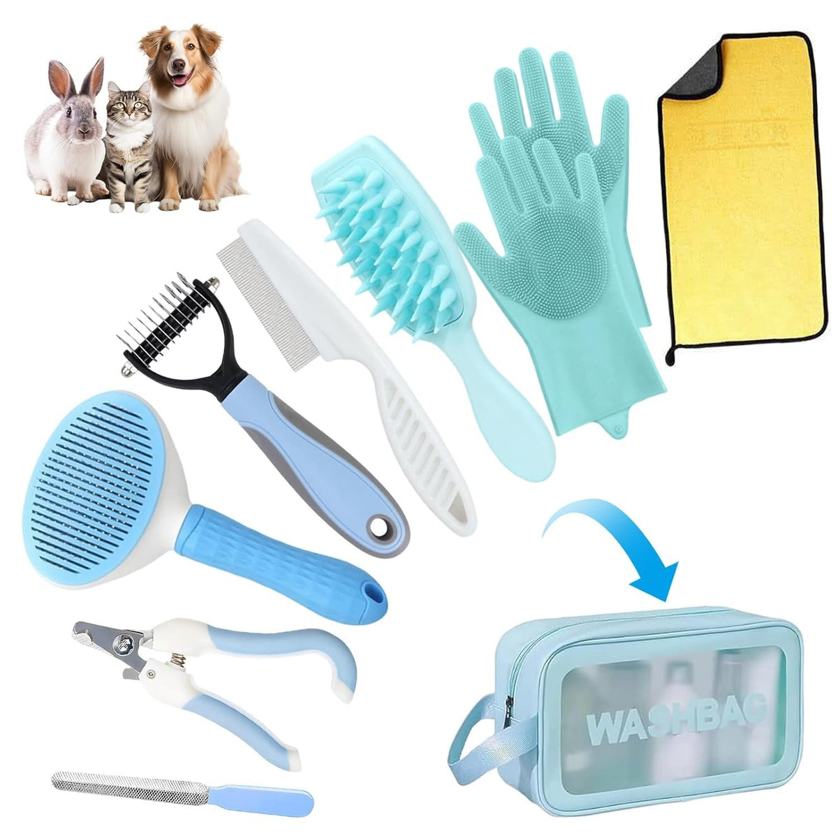 Complete Pet Grooming Kit with Self-Cleaning Brush and Nail Clippers (Blue)
