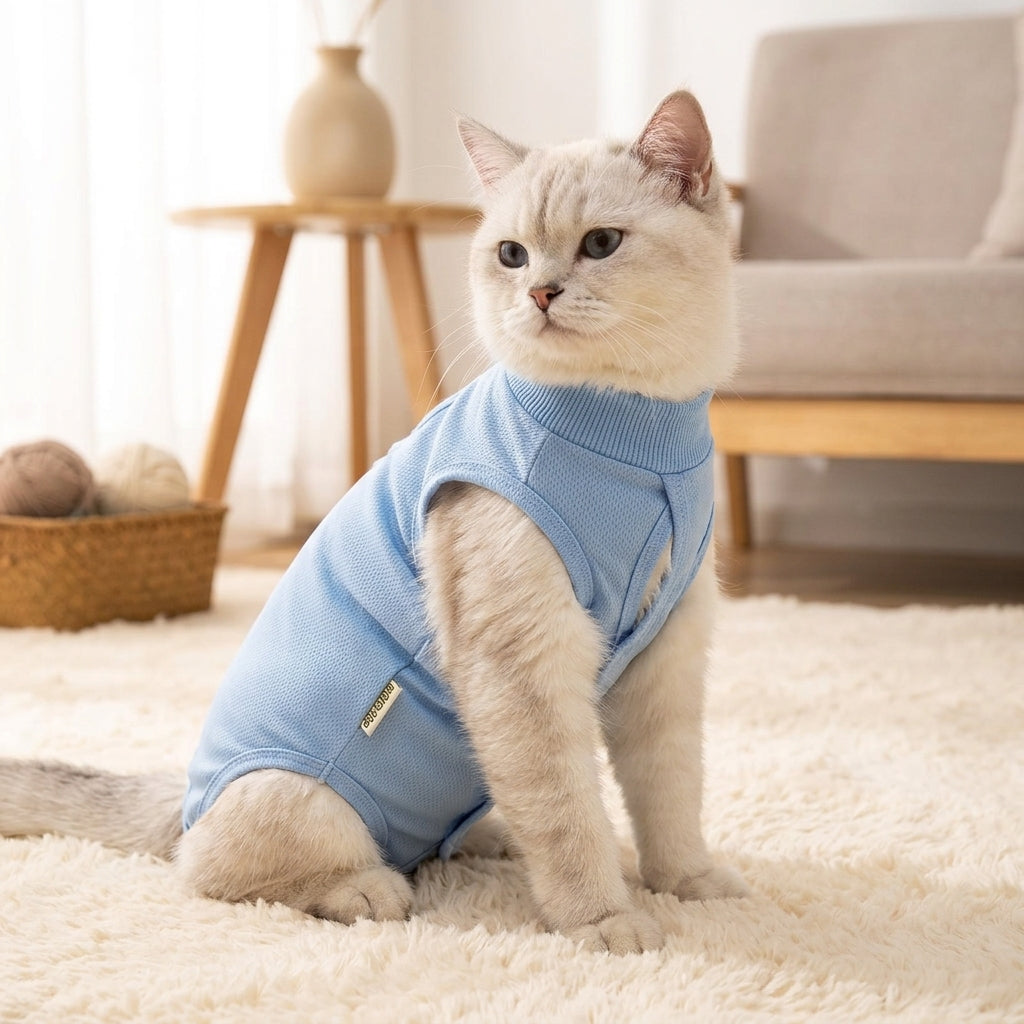 Cat Recovery Suit and Cat Surgery Recovery Suit, Sleeveless Polyester Post Surgery Cat Suit with Fasteners, Anti-Lick Thin Weaning Recovery Wear