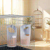 Bird Feeder and Waterer 2 Pack, Hanging Drinking Cup with Food Dispenser for Birds, No-Mess Anti-Spill Myna or Songbird Catcher Tray