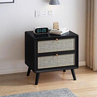 Solid Wood Nightstand with Rattan Weave