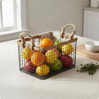 Wire-Grid Basket Rope Handles Rectangular Storage Basket Stackable Organizer Bin