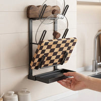 Pot Lid Holder, Carbon Steel Pan Organiser, Wall-Mounted Vintage Walnut Wood for Kitchen Cabinet, 35.5cm x 16.5cm