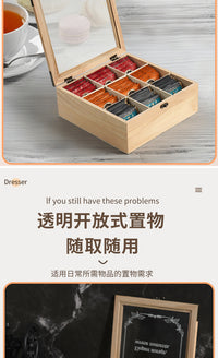 Wooden 9-Compartment Tea Bag and Coffee Capsule Storage Box with Glass Lid