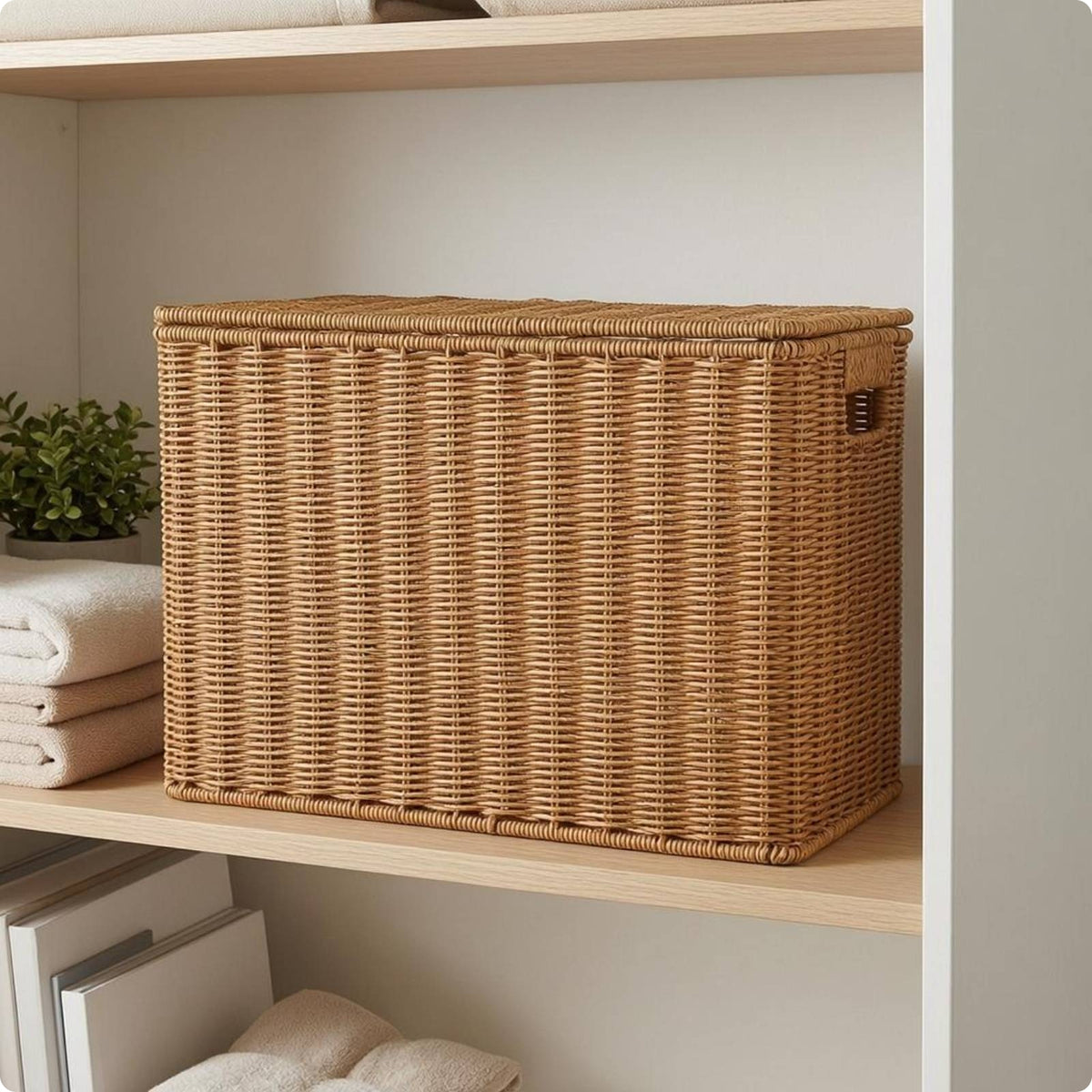 Wicker Storage Basket with Lid Breathable Home Organizer Rustic Charm