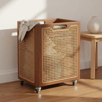 Wood Laundry Basket Multipurpose Rattan Laundry Hamper on Wheels No Assembly Required Wicker Design Hamper for Bedroom