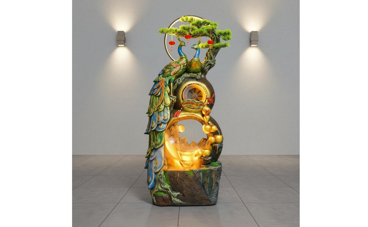LED Lighting Peacock Water Fountain Exquisite Craftsmanship Circulating Water Flow Statue Lighted Floor Standing Fountain for New Homeowners, Business Owners, Living Room, Entryway, Hotel Lobby, Restaurant