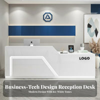 1 Piece White Reception Desk High-gloss Split-level Front Desk Sturdy Particleboard Construction Lockable Drawer Suitable for Salon Receptionists Boutique Retail Store Office Spa