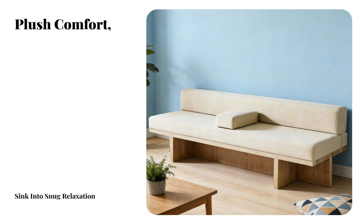 Wabi-Sabi Aesthetic Straight-Line Wooden Frame Sofa Minimalist Design space-saving Settee Designer Inspired Lounge Bench 2-Seater for Interior Designers, Business Owners, Coffee Shop, Hotel Lobby, Reception Area, Living Room