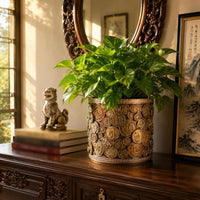Chinese Planter Patterned Rims Cylindrical Planter Handcrafted Home Decor