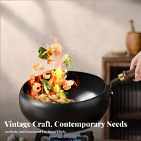 Traditional Iron Wok Pre-Seasoned Uncoated Non-Stick Wok Deep Construction Frying Pan Universal Stovetop Compatible Kitchen