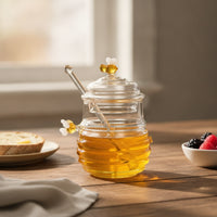 Wide Mouth Honey Jar with Dipper Ribbed Honey Jar with Lid Clear Glassware Transparent for Tea Station, Breakfast Table