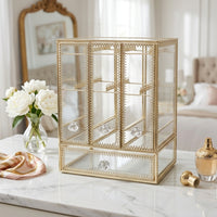 Gold-Toned Jewelry Organizer with Hanging Rods 3-Compartment Jewelry Organizer with Drawers Decorative Transparent for Dresser