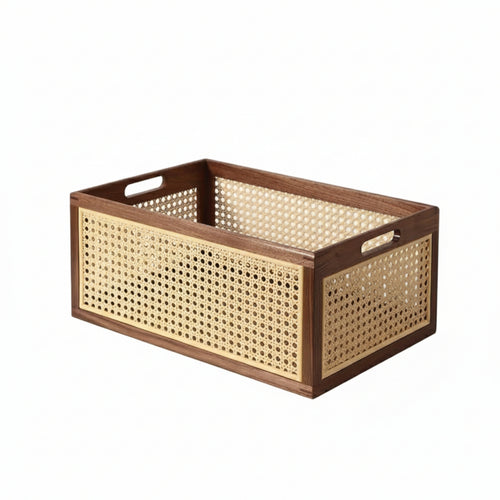 Basket with Wood Frame Rectangular Rattan Style Storage Box Elegant for Tabletop