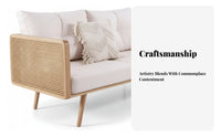 Japanese design Rattan Panel Couch sturdy Wood Frame Rattan side Settee Woven Cane aspects Sofa Minimalist Design for Guesthouse Owners, Interior Designers, Apartment Dwellers, Showroom, Lounge Area, Office