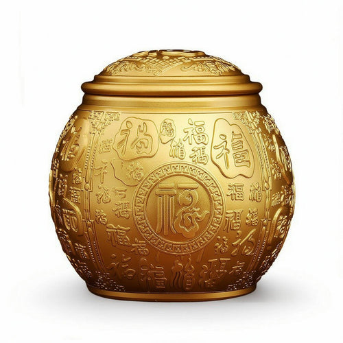 Embossed Storage Jar Chinese-Style Metal Canister with Lid Gold-Colored