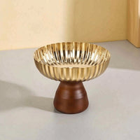 Fluted Dessert Bowl with Wooden Base Food-Grade Scalloped Dessert Cup Natural Stainless Steel Bowl with Wood Base Multipurpose for Parties