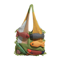 Tote Bag with Fish Appliques Boho Bag with Fish Applique Soft for Errands, Women