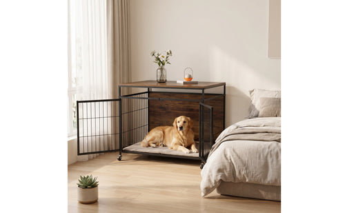 Two-in-onePurpose Dog Crate with Wooden Top Mobile Furniture Style Dog Crate Long-Lasting Secure for Living Room