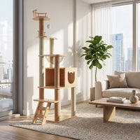 Cat Activity Center with Wooden House and Perch, 5-Level Multi Level Climbing Tree with Hammock and Space Capsule for Large Indoor Cats