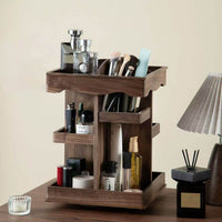 Wooden Rotating Cosmetic Organizer for Desk, 3-Layer Storage for Skincare and Perfume, Nordic Style
