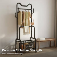 Large Capacity Rolling Clothes Rack with Wheels Stable & Sturdy Rolling Clothes Rack Space Saving Double Rod Garment Stand with Basket Easy Assembly for Homeowners, Families, Bedroom, Laundry Room, Entryway, Walk-in Closet