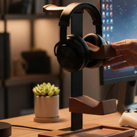 Wooden Headphone Controller Stand Space Saving Double Controller and Headset Dock Easy Assembly Wood and Metal Headset Stand