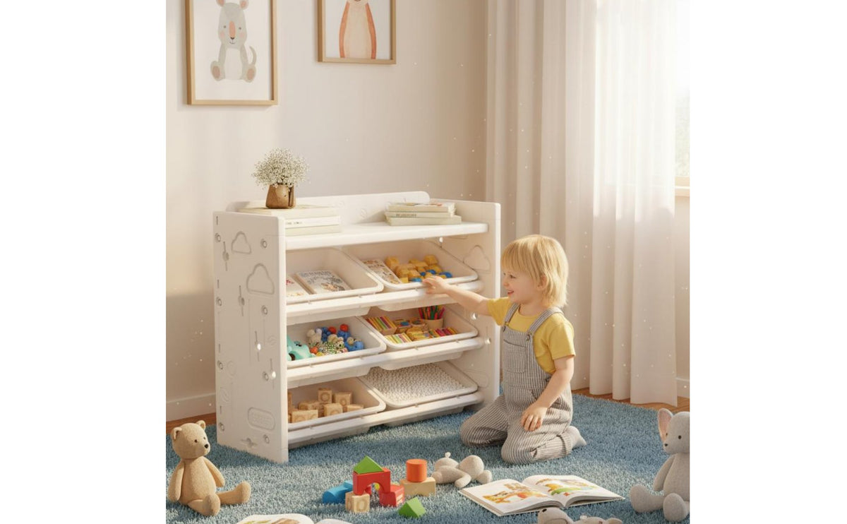 Multi-Functional Kids Toy and Book Storage Unit Multifunctional Kids Bookshelf and Toy Storage Polished Edges Toddler Bookcase with Bins Large Capacity for Toddlers, Infants, Bedroom